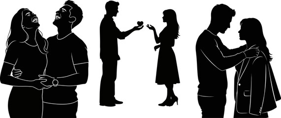 Set of romantic couple silhouettes with heart gift and laughter
