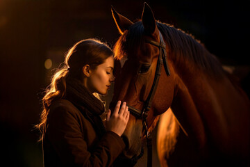 Dark, emotional portrait of a young female farmer gently hugging the head of her beloved horse, expressing trust, affection, and a deep bond between human and animal.