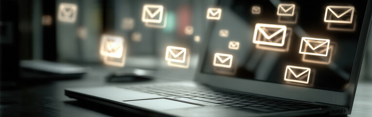 Modern laptop showcasing animated email notifications, highlighting seamless communication for tech-savvy users.close-up, concept of internet letters, letters by mail, communication. SMS correspondenc