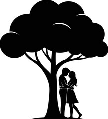 Silhouette of romantic couple hugging under large tree outdoors