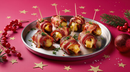 Bacon wrapped appetizers with cheese and herbs on a silver plate. Festive Christmas holiday background with gold stars and red berries. Party snack concept