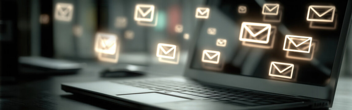 Modern laptop showcasing animated email notifications, highlighting seamless communication for tech-savvy users.close-up, concept of internet letters, letters by mail, communication. SMS correspondenc - Powered by Adobe