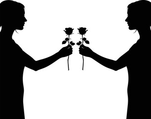 Two hands holding roses towards each other in profile silhouette