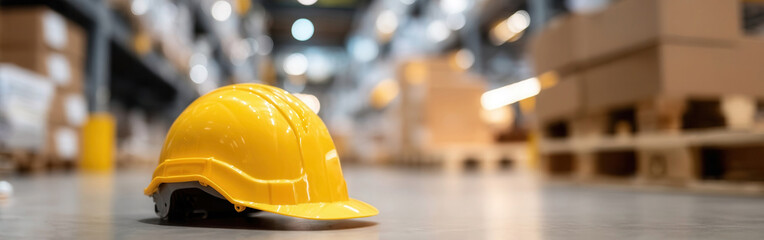 Yellow hard hat on warehouse floor emphasizes safety culture in construction environments amid blurred shelves