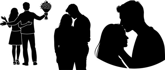 Various romantic couple silhouettes with flowers and sweet kiss