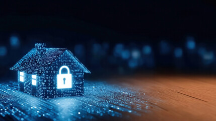 Digital representation of a secure home with a padlock symbol highlighting the importance of cybersecurity and smart home technology.concept of smart booth, security guard, alarm system