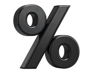 Glossy rendered percentage symbol, black, isolated on a transparent background