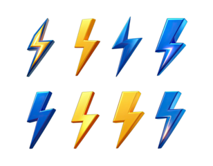 Assortment of eight stylized lightning bolts, rendered with gradient shading on a black background