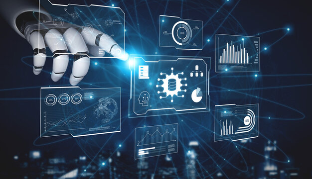 AI reading big data visualization dashboard, analyzing insights, identifying patterns, and generating strategic decisions through automated data interpretation. Vouch