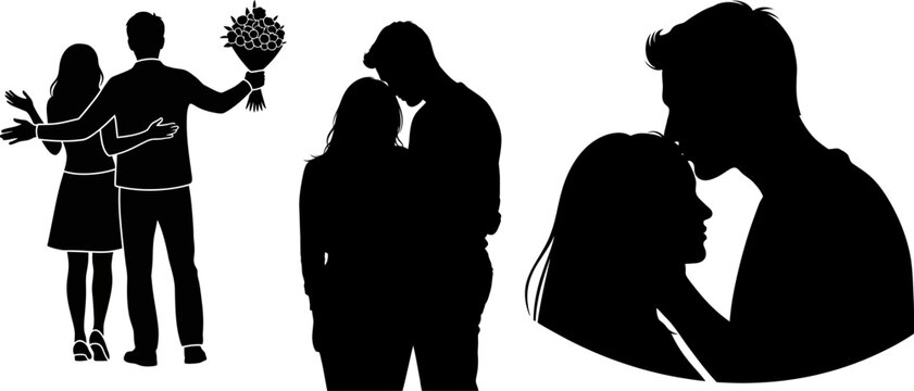 Various romantic couple silhouettes with flowers and sweet kiss