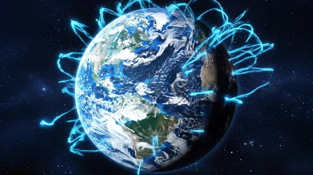 Global Data Network Wrapping Earth in Deep Space Animation