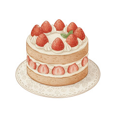 Cute strawberry layer cake watercolor illustration in soft pastel style for bakery branding