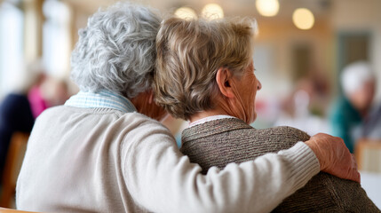 Senior citizens enjoying companionship at social club faceless, community gathering, elderly socialization, friendship moment, defocused background, with copy space