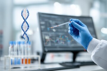 Scientist conducts research holding DNA sample results in laboratory environment during a busy workday focusing on genetic analysis