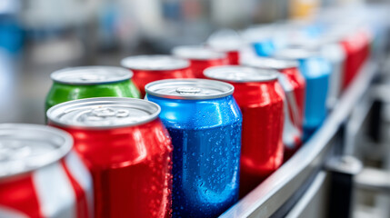 automated beverage can line looping empty cans back to filling, reflective aluminum surfaces