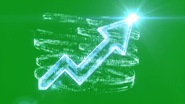 Glowing blue arrow graphics rising up with digital code on green background