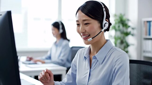 A smiling woman handling phone calls at a call center (job, operator, customer support) - Powered by Adobe