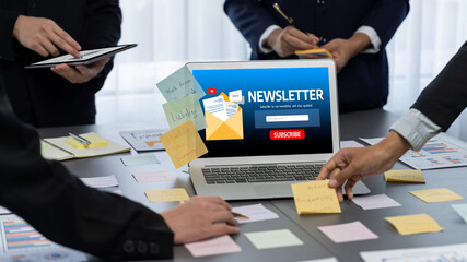 Analyst team use sticky note for creative and analytic brainstorm for business idea with BI data dashboard on laptop screen. Analysis financial data visualization tech for marketing strategy. Prodigy