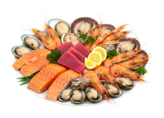 Fresh seafood platter with salmon, tuna, prawns, mussels, and scallops arranged beautifully on a white plate, garnished with lemon and herbs.
