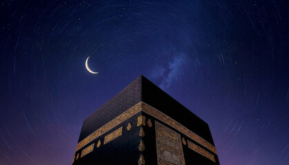 Cinematic view of the Kaaba, crescent moon and stars. © mknisanci