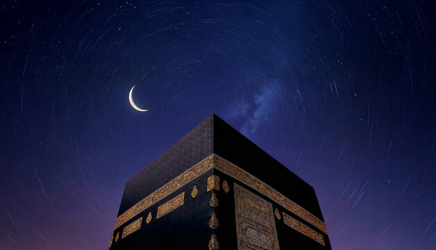 Cinematic view of the Kaaba, crescent moon and stars.