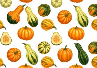 Colorful autumn gourds and pumpkins create a vibrant seamless pattern, showcasing the diverse shapes and rich hues of the harvest season.