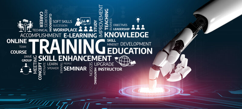 A futuristic representation of training and education concepts with a robotic hand interacting with a digital interface, highlighting skill enhancement and modern learning approaches. Tessel