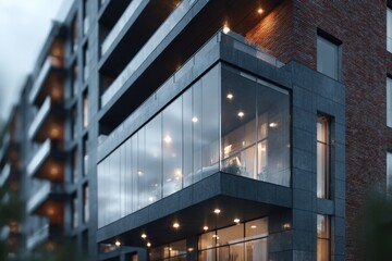 Fototapeta premium Modern apartment building showcases sleek design and elegant balconies at dusk with warm lights illuminating the exterior
