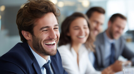 Fototapeta premium Group of business people laughing and smiling at work faceless, professional environment, corporate team, office atmosphere, defocused background, with copy space