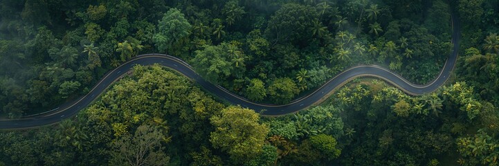Dense forest valley with snaking road and morning haze