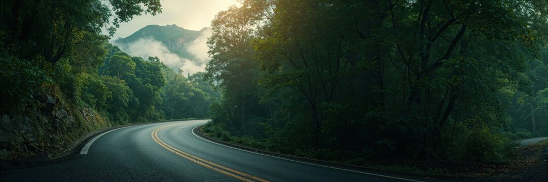 Quiet country road bending through misty green hills