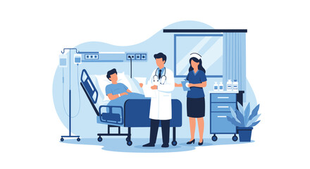 Fototapeta premium Doctor and nurse attending to a male patient lying in a hospital bed in a modern and clean hospital room environment.