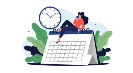 Woman taking a coffee break sitting on a large desk calendar next to a clock representing schedule planning and relaxation.