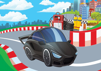 Cartoon scene with racing car on the track sports car near the city illustration for children