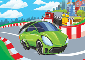 Cartoon scene with racing car on the track sports car near the city illustration for children