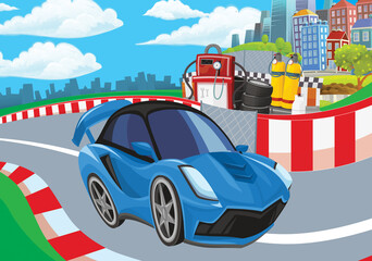 Cartoon scene with racing car on the track sports car near the city illustration for children