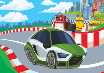 Cartoon scene with racing car on the track sports car near the city illustration for children