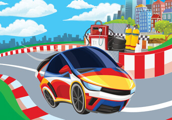 Cartoon scene with racing car on the track sports car near the city illustration for children