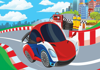 Cartoon scene with racing car on the track sports car near the city illustration for children