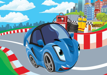 Cartoon scene with racing car on the track sports car near the city illustration for children