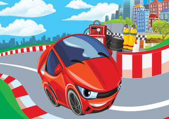 Cartoon scene with racing car on the track sports car near the city illustration for children
