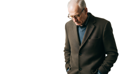 Senior man wearing brown blazer and blue shirt for business casual fashion, Isolated On Transparent Background