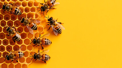 Honeybees busily working on a honeycomb against a bright yellow background, illustrating nature's dedication and intricate design in apiculture, apis, and honey.