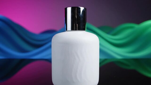Cosmetic perfume bottle with chrome cap isolated on colorful background studio shot