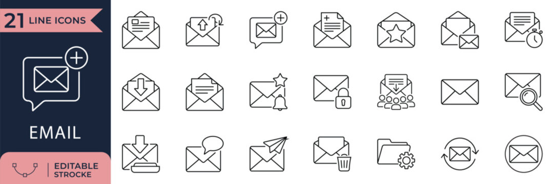 Minimalist line email icon set with editable stroke featuring inbox, message, envelope, notification, mailing, and interface symbols.

