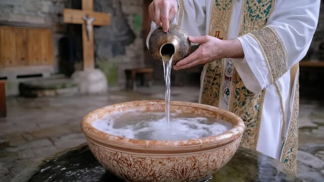 A religious minister prepares for the revered ceremony, pouring water for symbolic foot washing, embodying the new commandment of love on Holy Thursday
