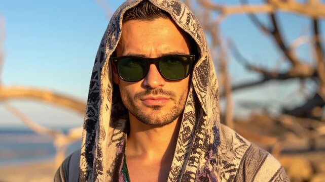 Stylish Individual in Nature's Embrace: A striking individual with a composed demeanor dons sunglasses and a hooded garment, framed against the soft hues of a natural outdoor background.