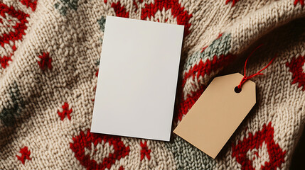 Cozy Fair Isle sweater background with blank cards. Mockups offer space for holiday greetings, product showcases, or personalized messages. A perfect canvas for creative branding.