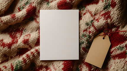 Festive flat lay with a blank card and tag on a cozy sweater. Ideal for winter holidays or seasonal greetings. Personalize your message in a warm, inviting scene.