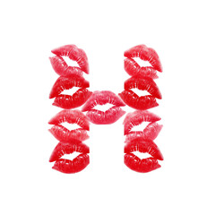 Isolated piece reveals a capital Letter "H" through clever negative space. The form emerges from the precise gaps between a cluster of vibrant red lipstick kiss marks on whiter background